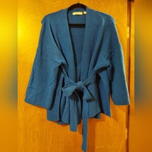 Chic Blue Knit Cardigan with Waist Tie